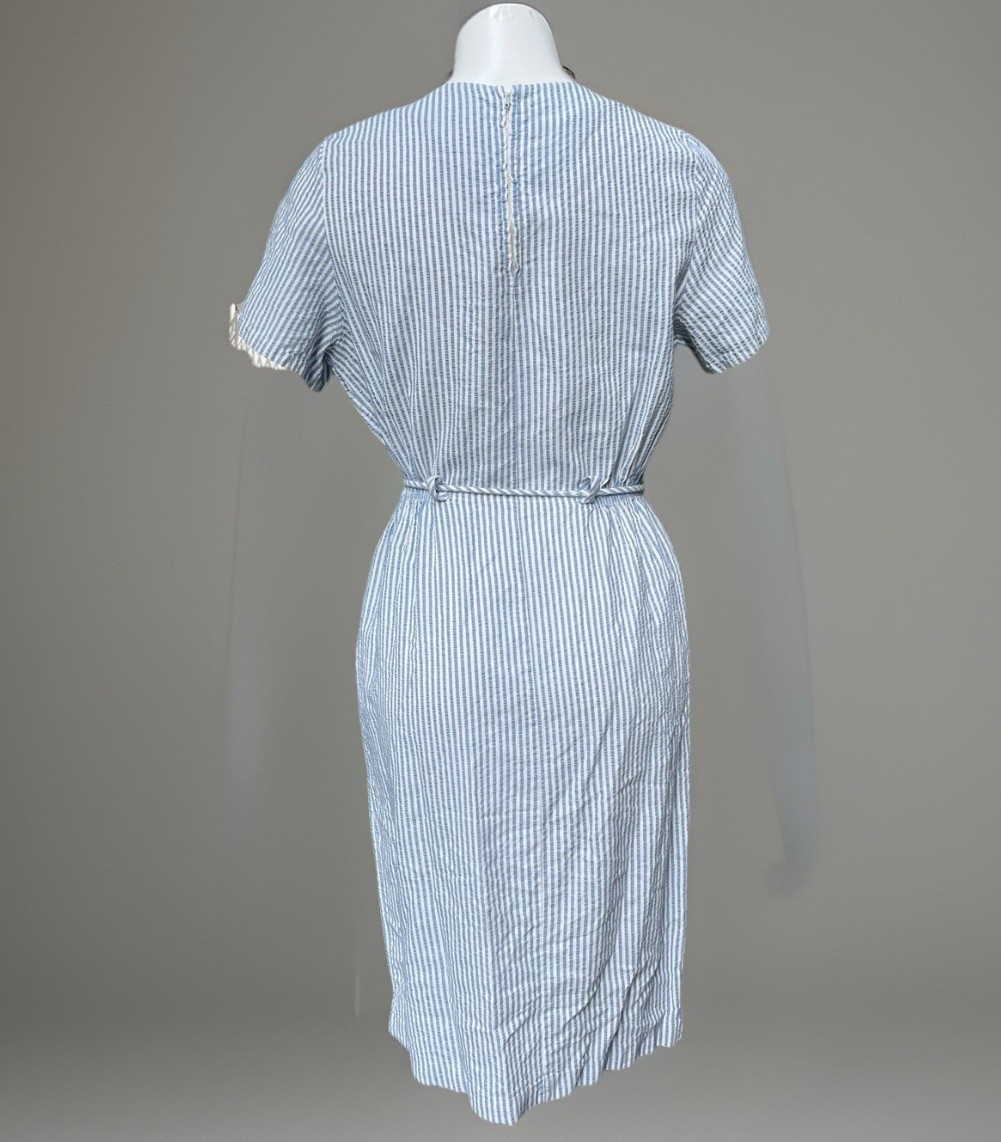 VTG Sears Dress Blue White Seersucker Belt Loops Short Sleeve Knee Length Med/L