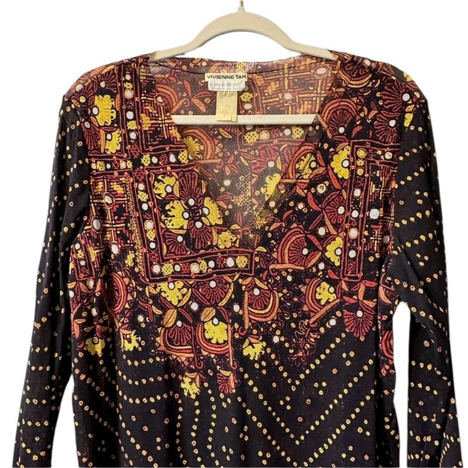 Vivienne Tam Vintage 1990s Black Yellow Floral Boho Print Stretch Mesh Top L XL
