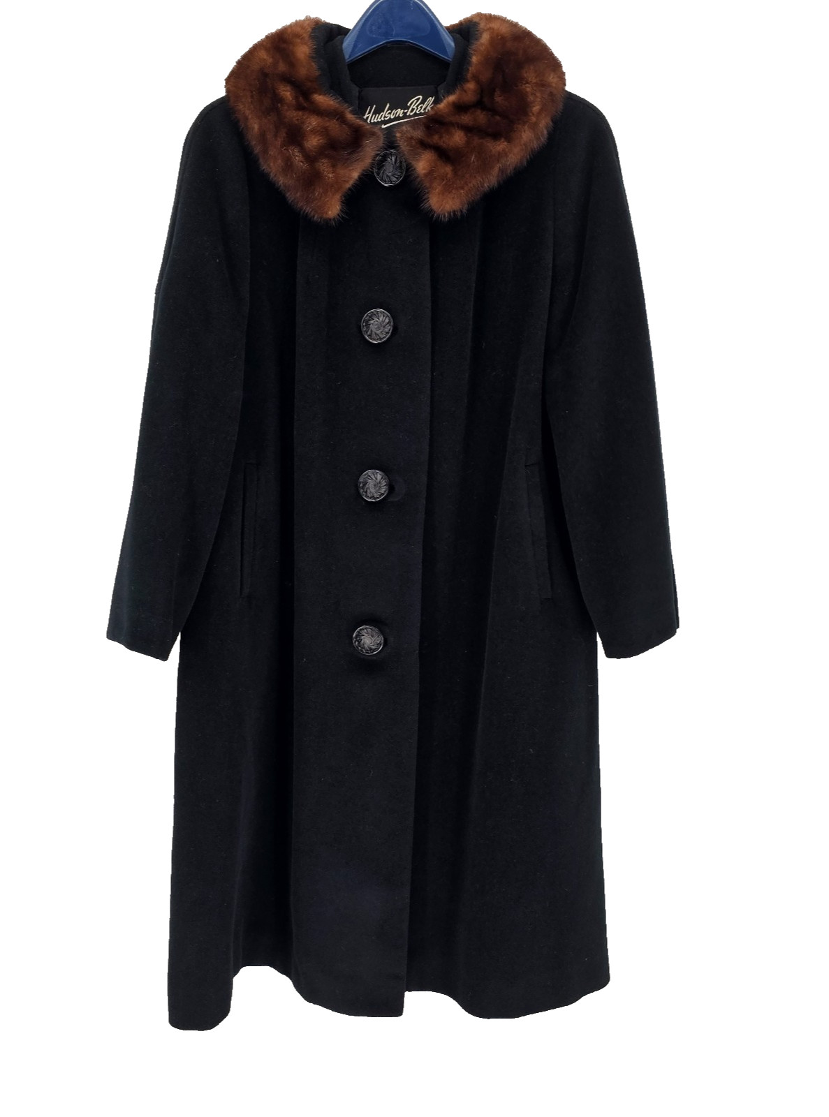 Vintage 1950s 60s Hudson Belk Black Wool Swing Coat Brown Mink Collar Union Made