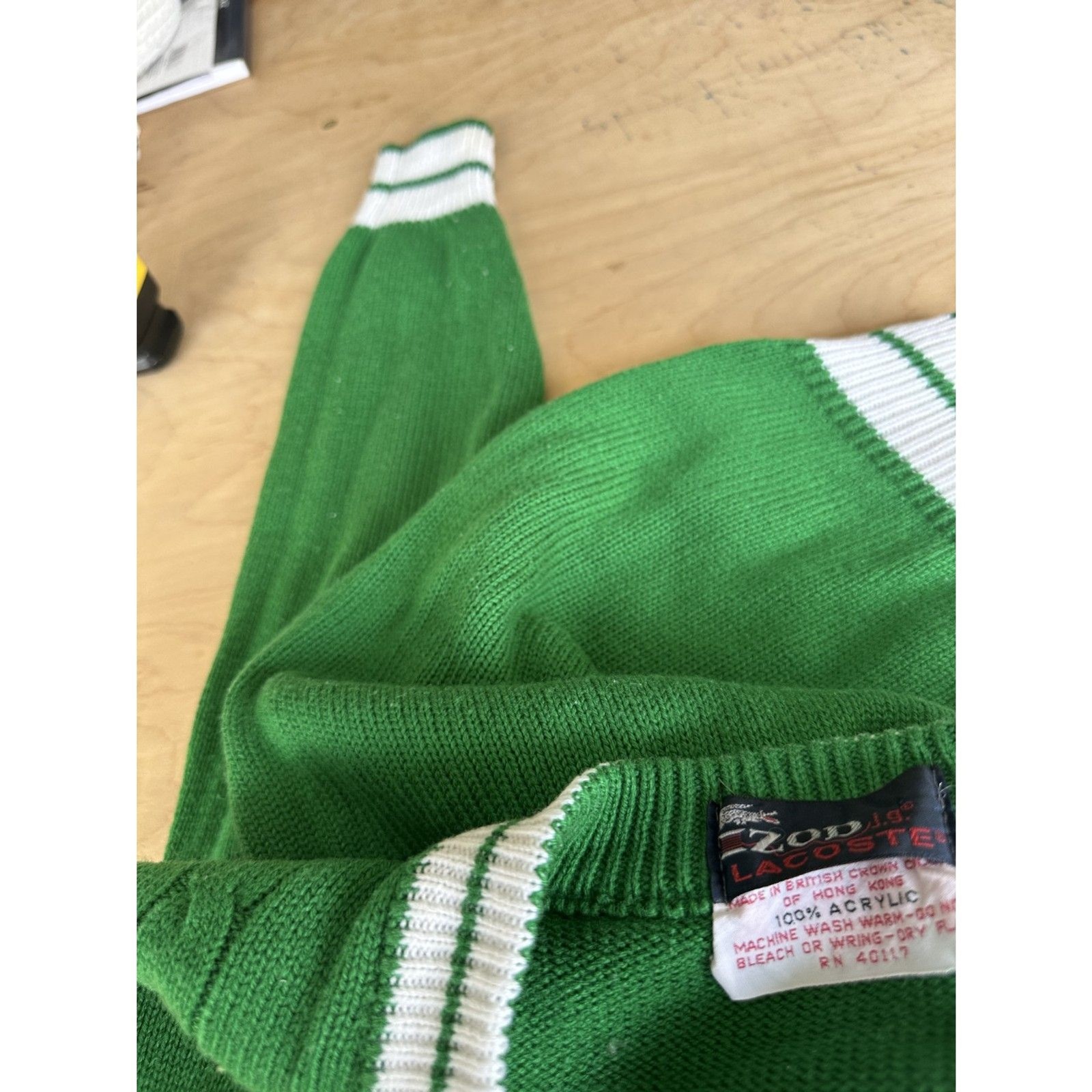 Vintage 80’s Izod Lacoste Sweater Small Fitted Green Cable Knit Preppy V Neck