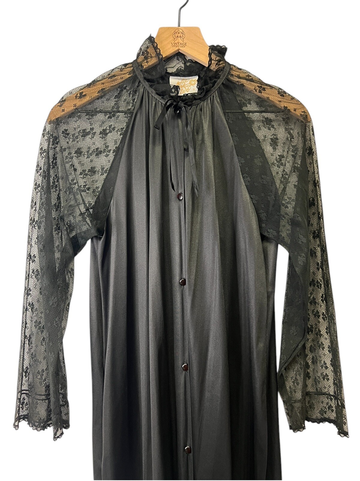 Vintage Jolie Two Long Black Sheer Lace Robe JC Penney Long Sleeve Small