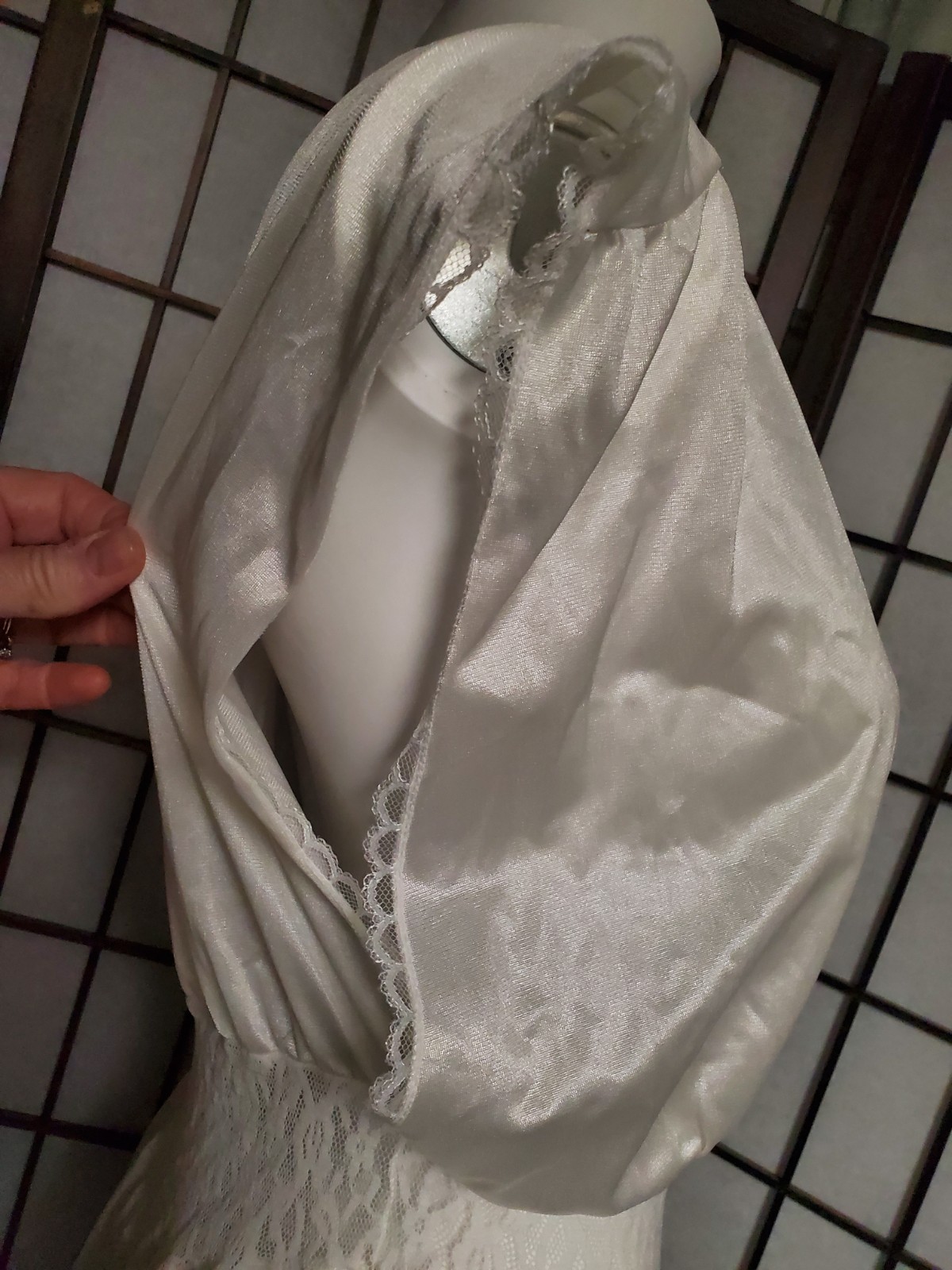 VTG open sides Maxi Lace Nightgown Rose stretch Lace Bridal White M plunging