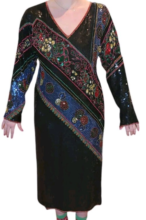 VTG 80s Dominique Silk Sequin Dress Black Medium Large Evening Rose Long