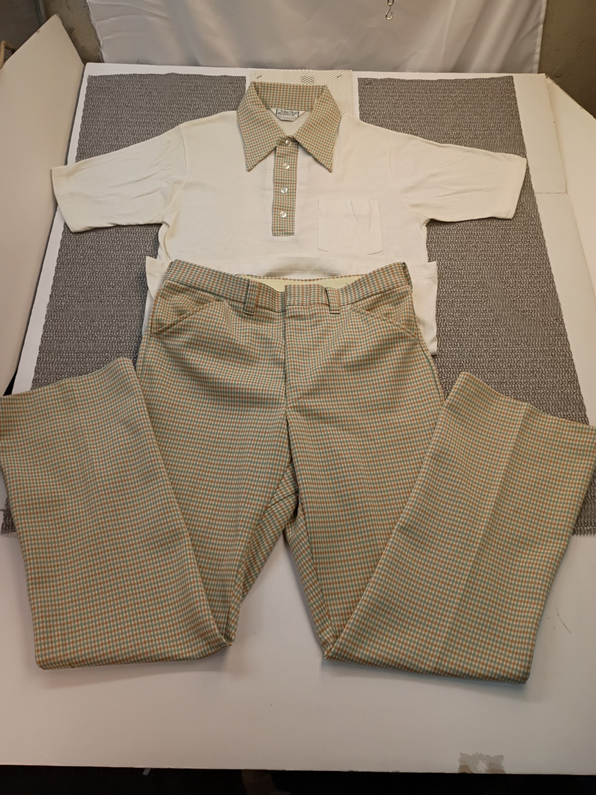 VTG 70s John Blair Menswear 2-piece Matching Set Plaid Flare Bell Bottoms W Polo