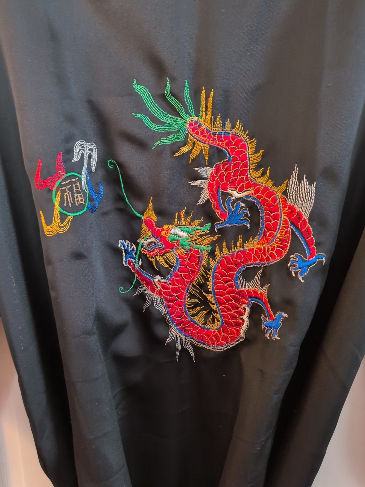Embroidered Kimono Robe Satin Chinese Golden Dragon Black Silky Size L