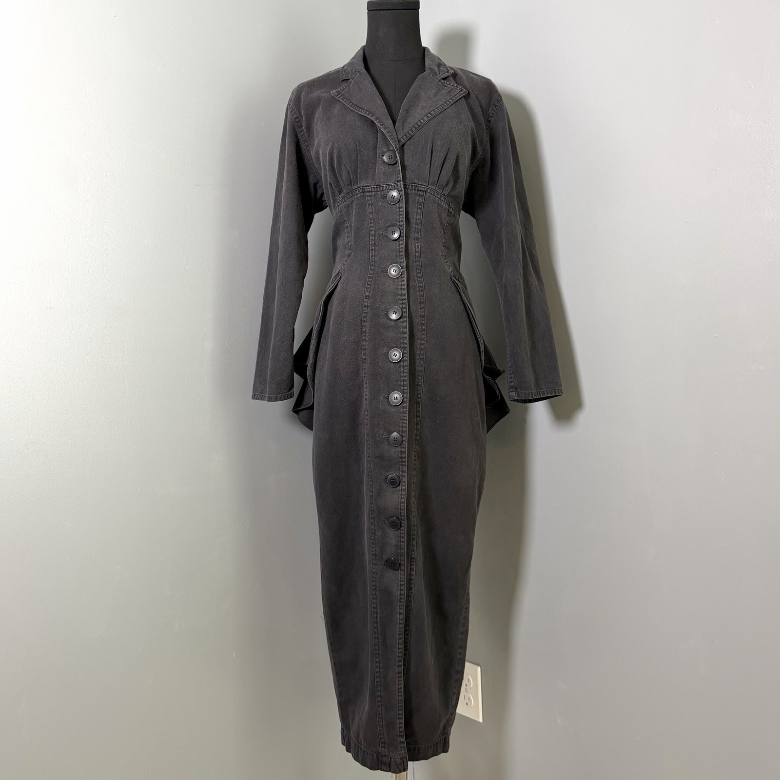 Vtg Rhonda Harness Foxy Lady Black Denim Corset Maxi Dress Goth Avant Garde 90s