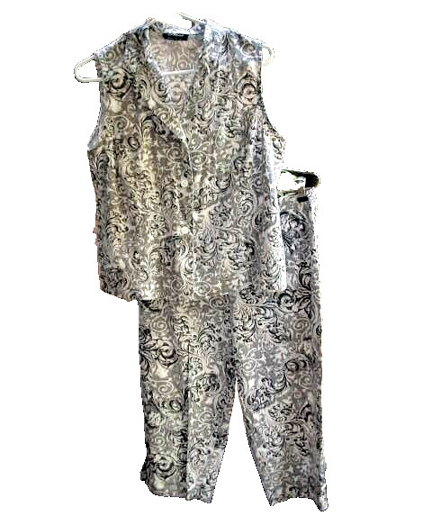 Alanni Vintage 2-Piece Black & White Paisley Capri Sleeveless Outfit Sz L
