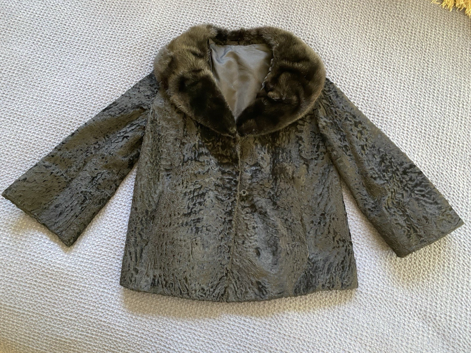 Vintage Coat Black Genuine Persian Lamb Mink Fur Cropped 3/4 Sleeves Size M/L