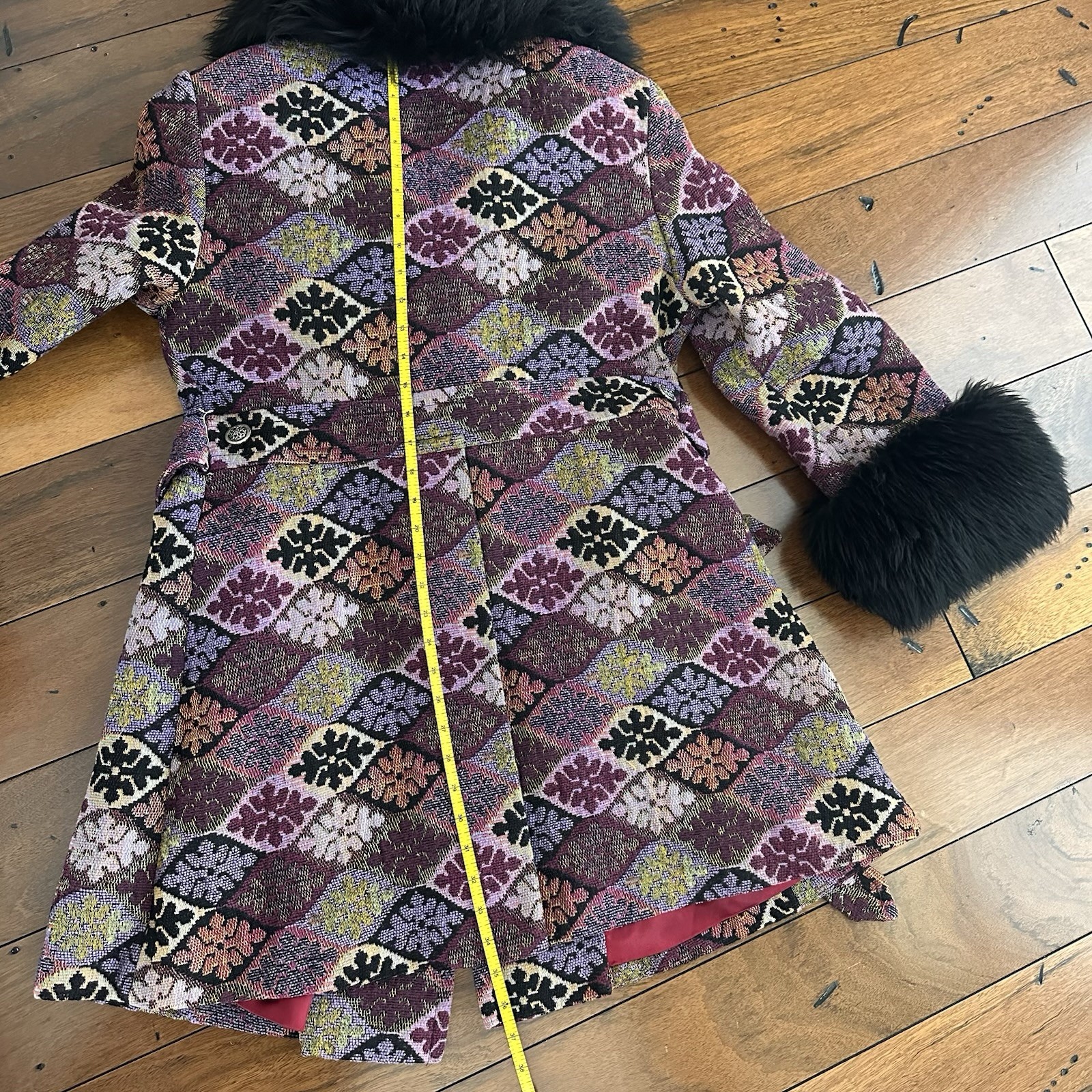 Vintage Tapestry Carpet Bag Long Coat Womens Purple Mosaic Belted 70s Boho Hippy