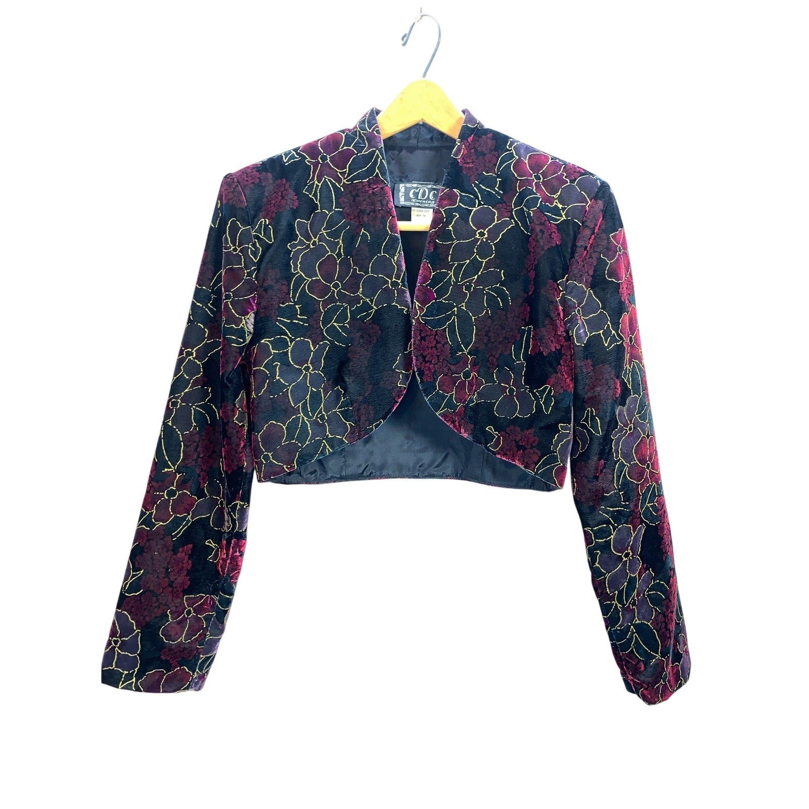 Vintage Velvet Floral CDC Evening Bolero Jacket Womens M 90s Party Cropped