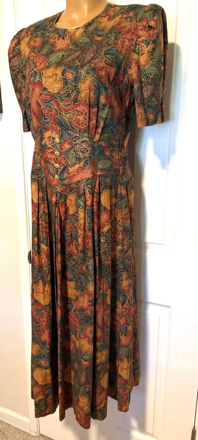 VTG 80’s MISS DORBY AUTUMN FLORAL COTTON BLEND RETRO DRESS SZ 12 (M-L)