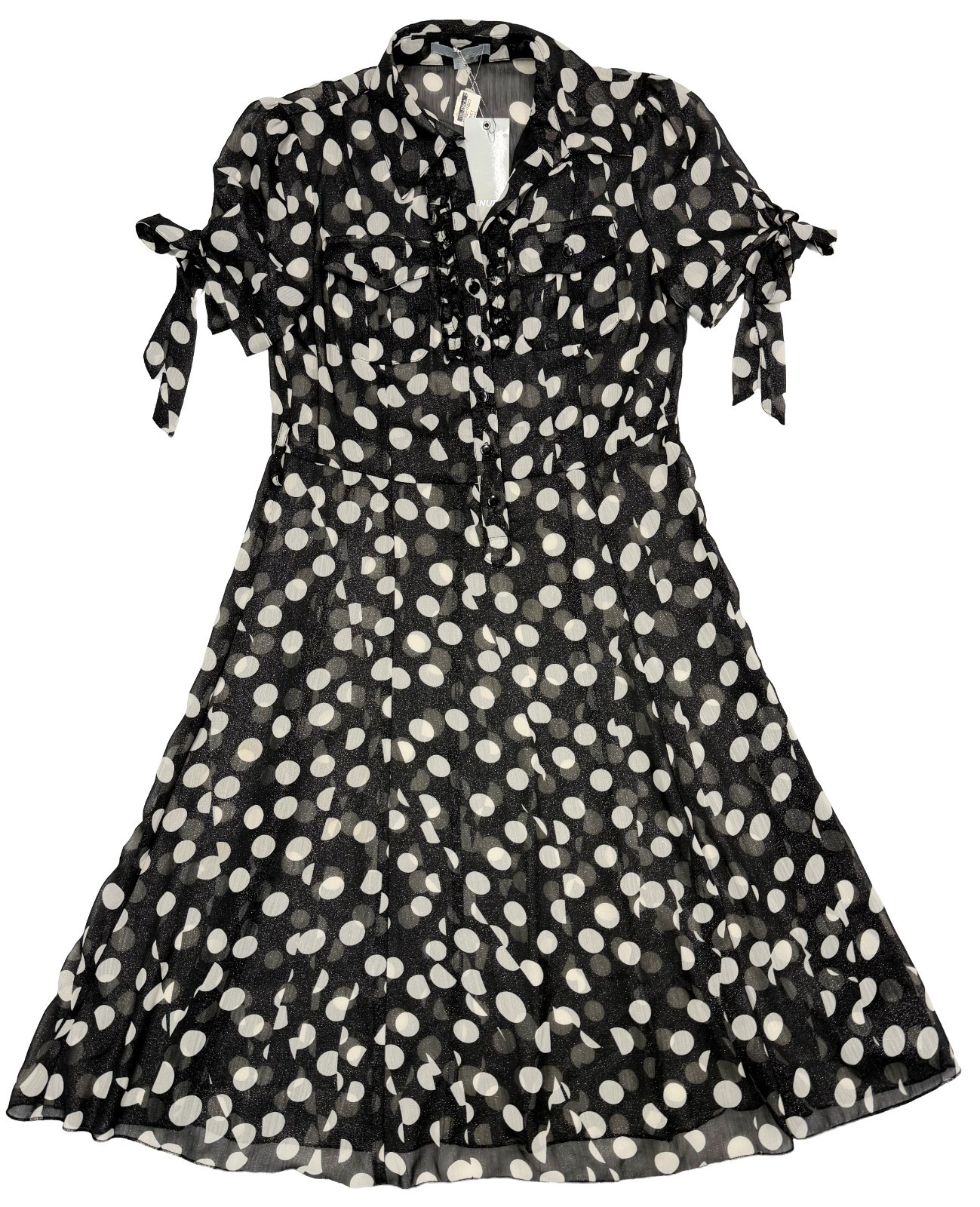 Vtg Black & White 90s Polka Dot NWT Sheer Chiffon Large Dress Ruffled Button Up
