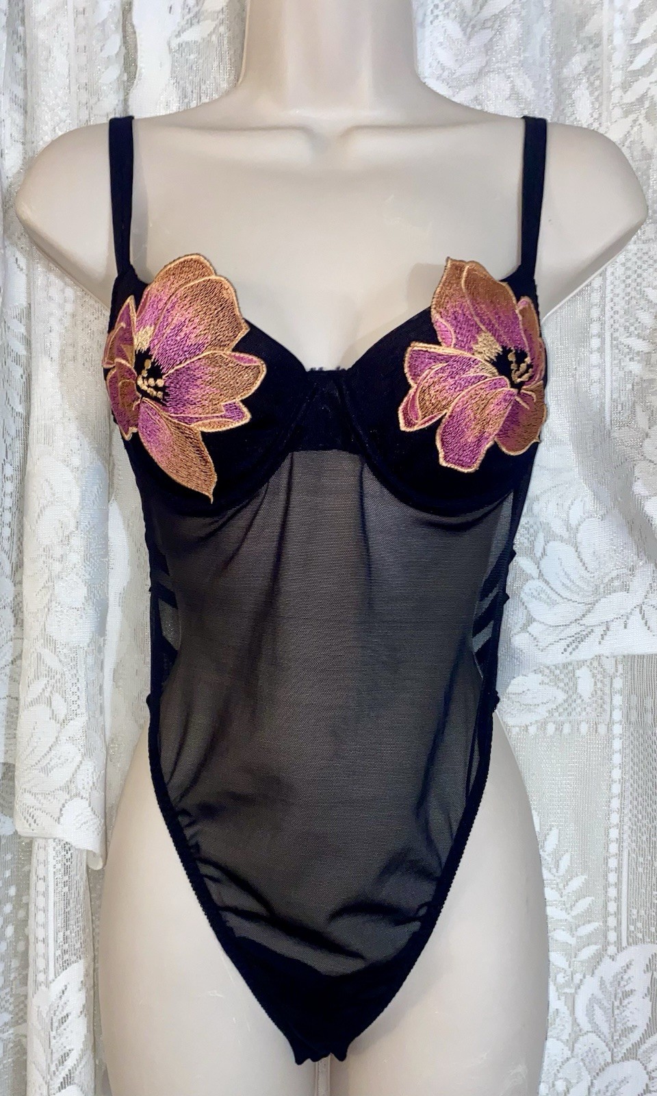 Vtg NWOT L Sheer Black UW Bra Top HIBISCUS Flowers Frederick’s Teddy nightie