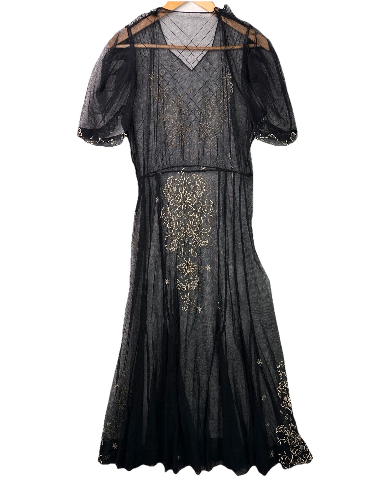 Edwardian Antique Size M 1910s 1920s Black Lace Dress Embroidered Netting Sheer