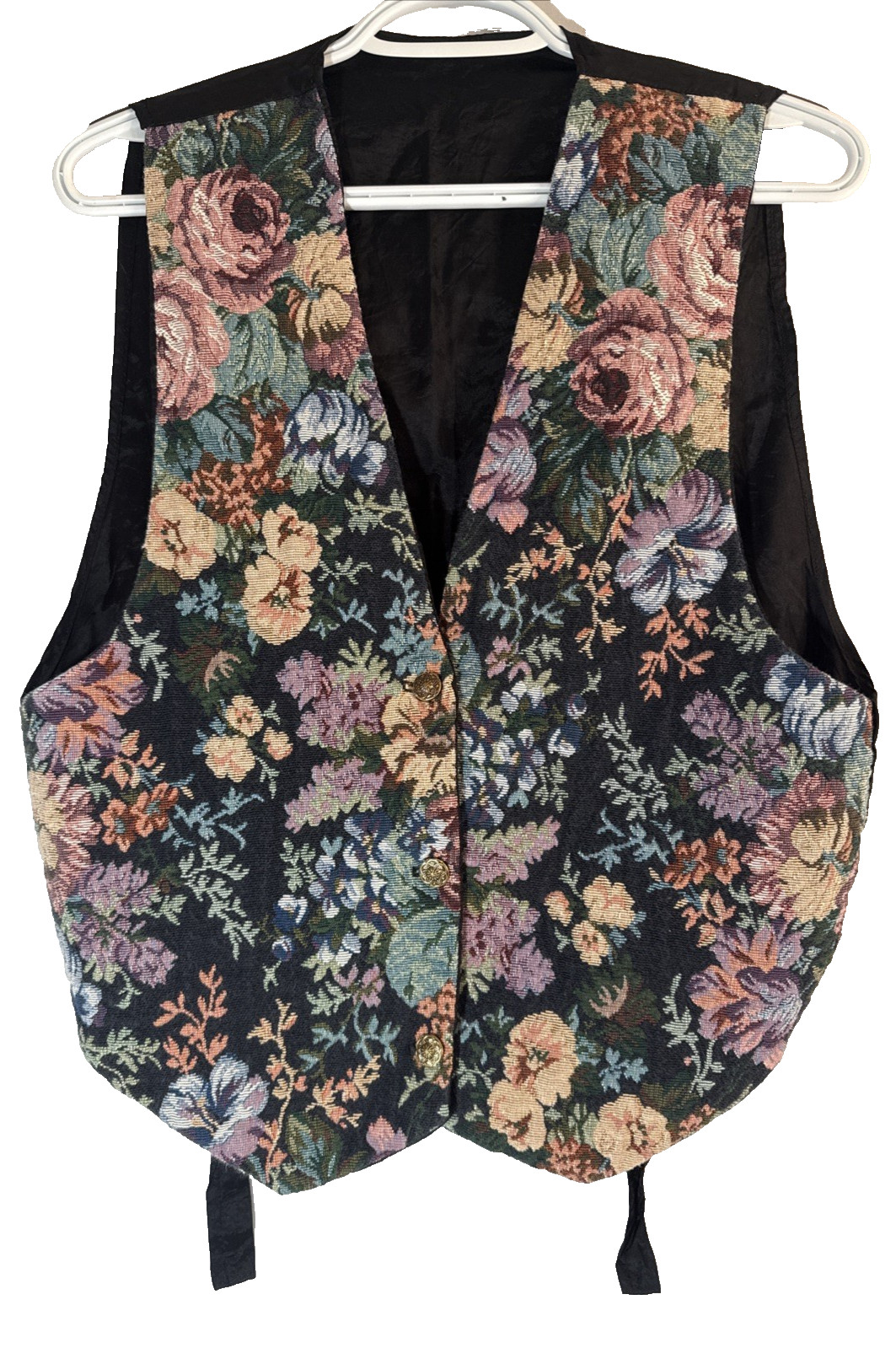Vintage 90s Woven Floral Multicolor Vest with Black Back and Lining Size M