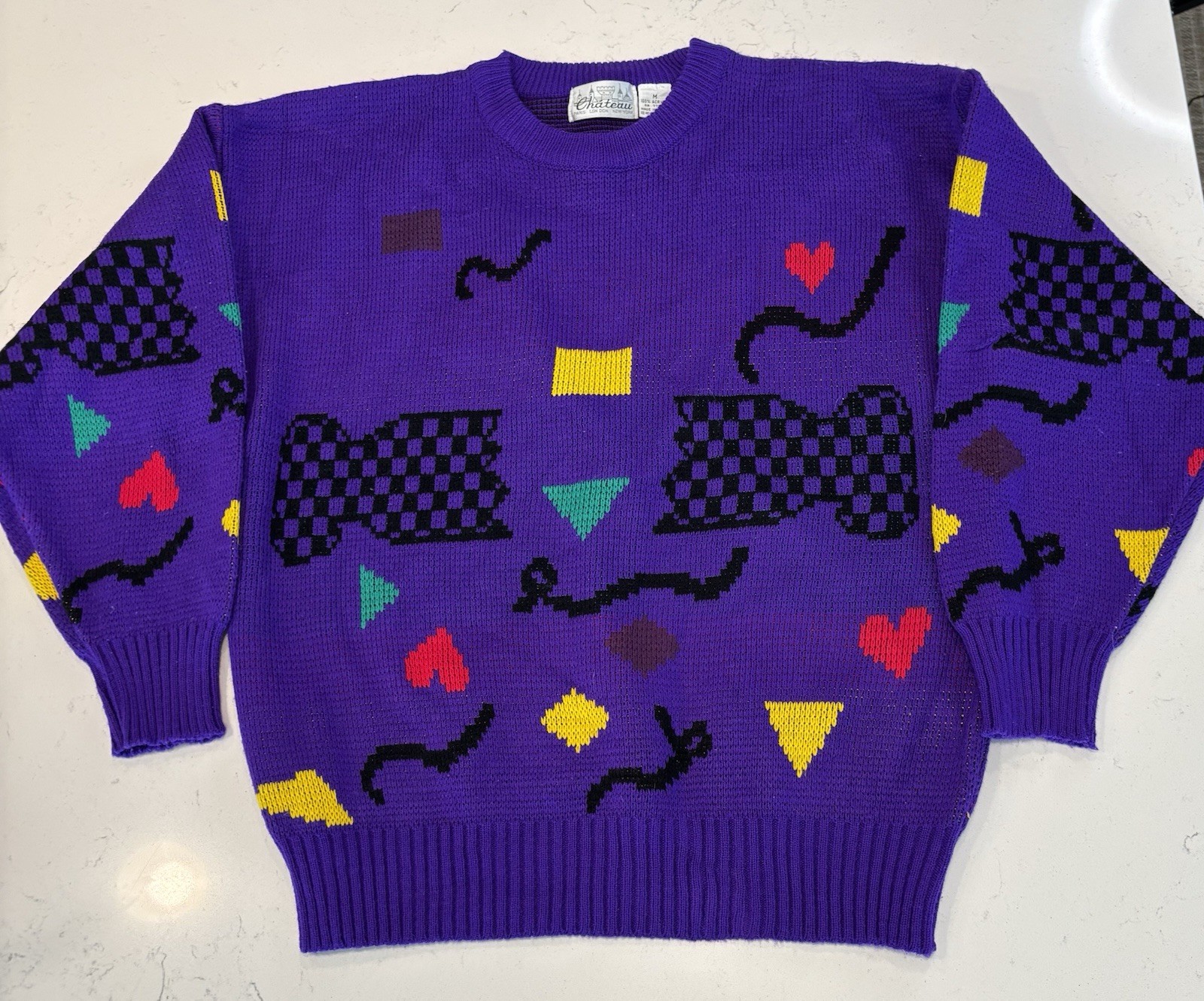 Vintage 80s Chateau Sweater M Purple Abstract Geometric Novelty Knit Colorblock