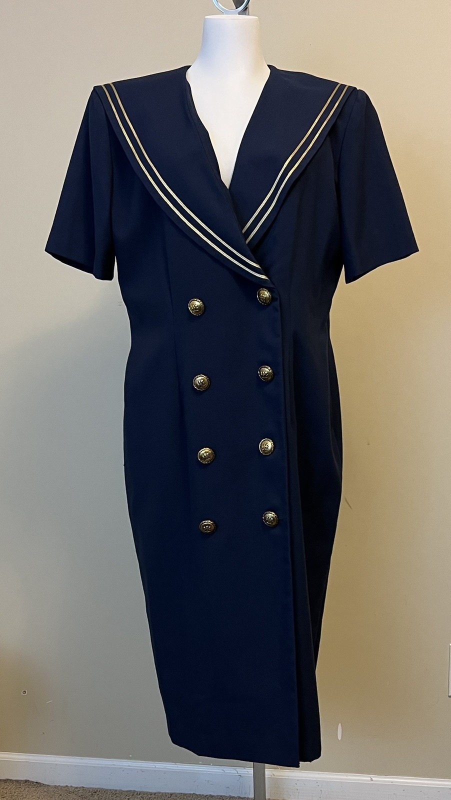 Vintage Leslie Fay Size 12 Sailor Dress Navy Blue W/Gold Trim Buttons Nautical