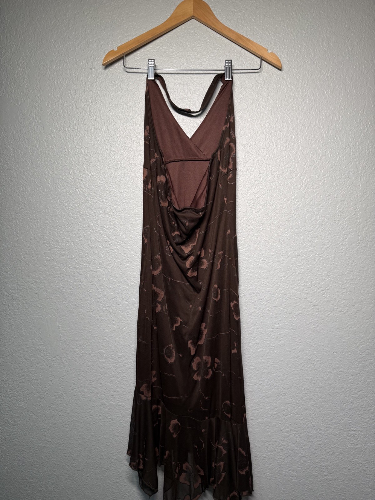vintage 90s sparkle brown dress ruffle asymmetrical halter flow formal festival