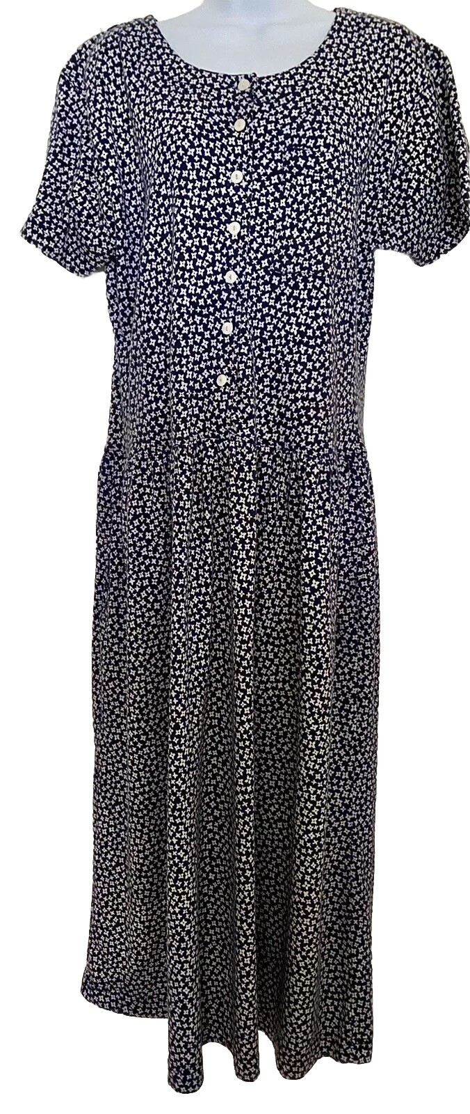 Liz Sport Vintage 1/2 Button Womens Dress Navy Ditsy Print Short Sleeve Size M