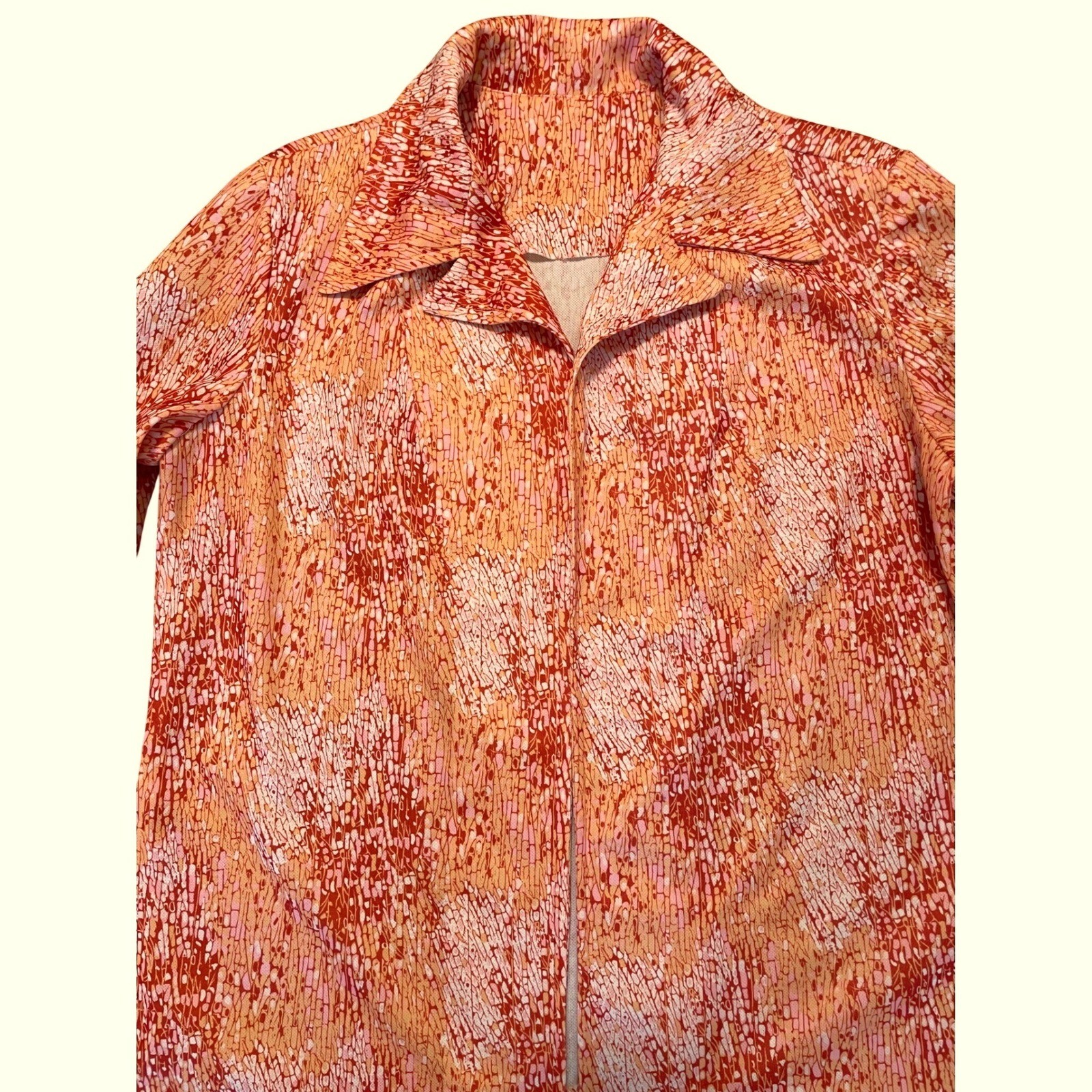 Vintage 70s Jacket Handmade Abstract Mosaic Print Orange Pink Polyester Large