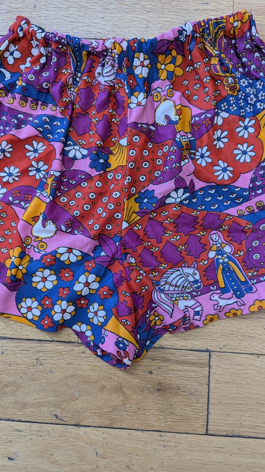 Vintage Psychedelic Floral Patchwork Shorts Elastic Waist Boho Retro 70s