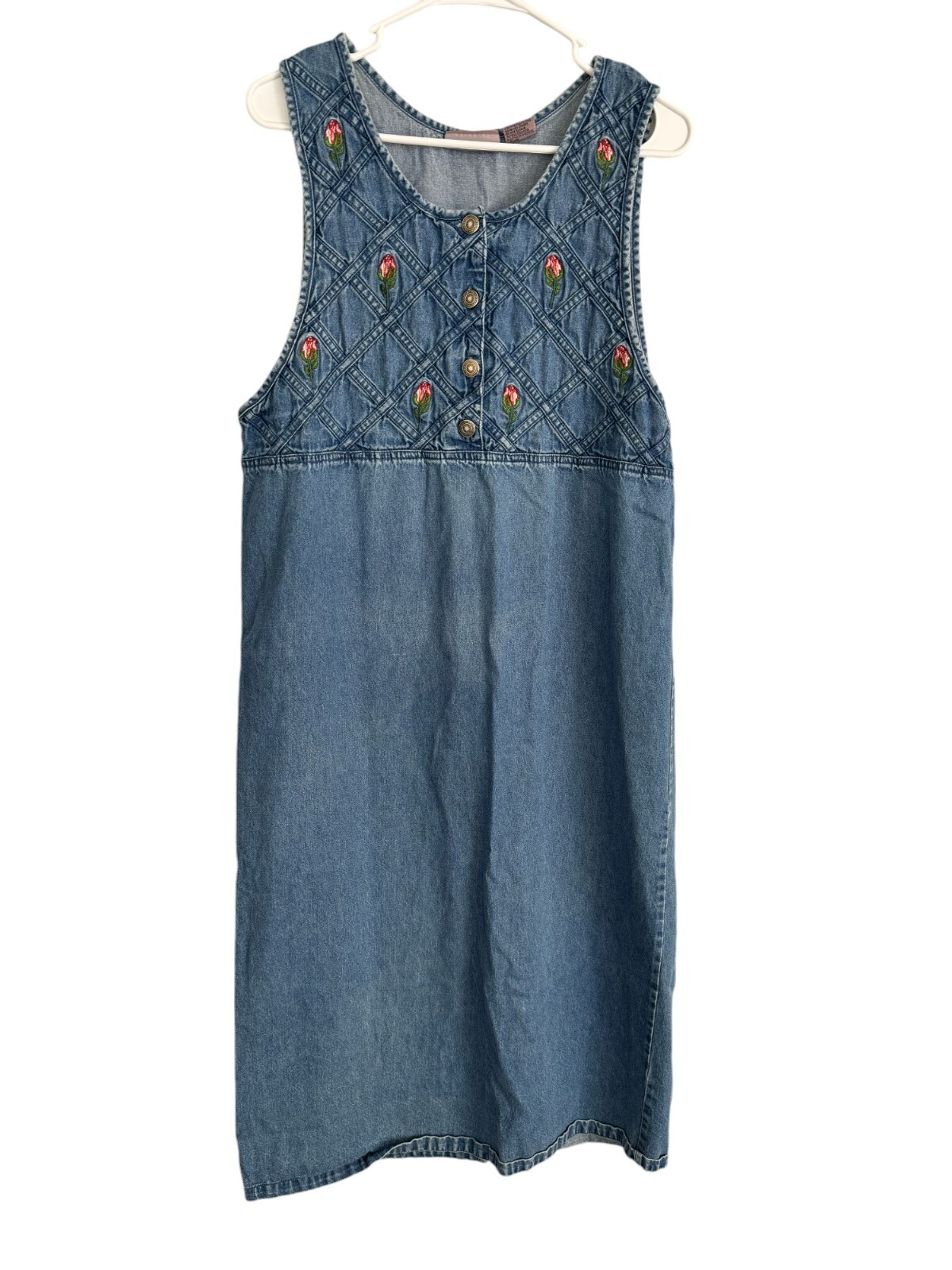 Premier Cottagecore Denim Dress Floral Embroidered Button Front Sleeveless Large