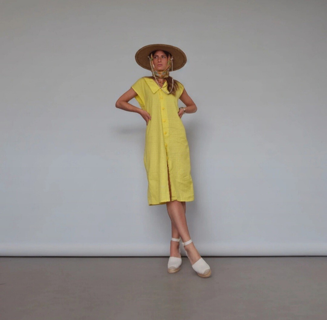 Vintage Womens Yellow Midi Dress L