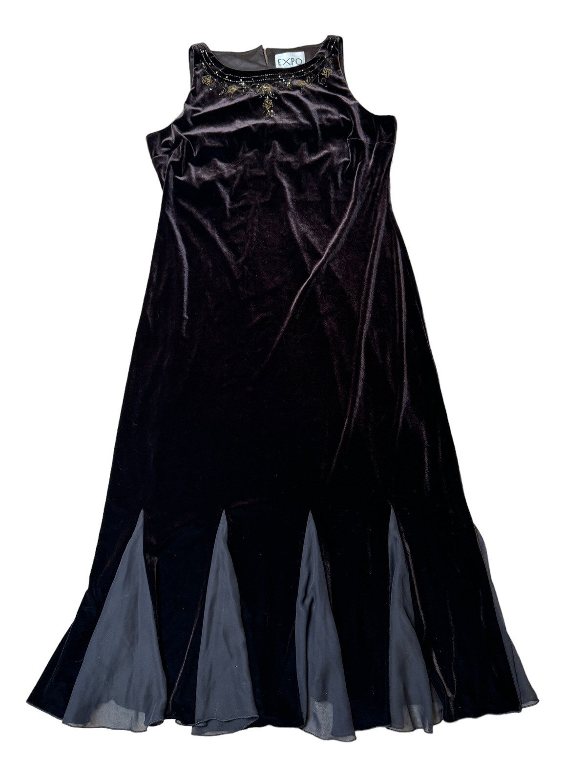 Vintage EXPO Velvet & Chiffon Brown Long Dress w/ Embellishment Beading, Size 16