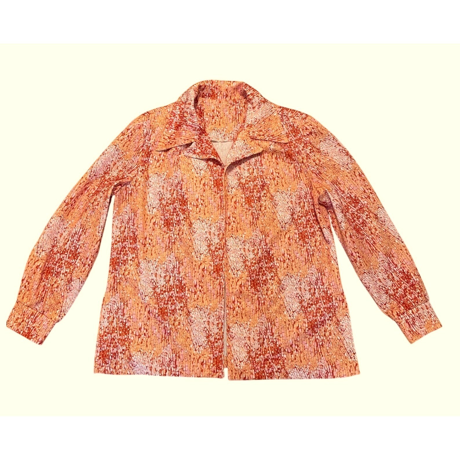 Vintage 70s Jacket Handmade Abstract Mosaic Print Orange Pink Polyester Large