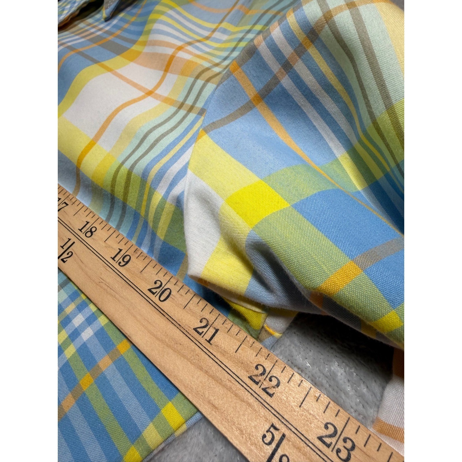 Vintage 70s Plaid Dagger Collar Button Down Blouse Blue Yellow Orange Size 14