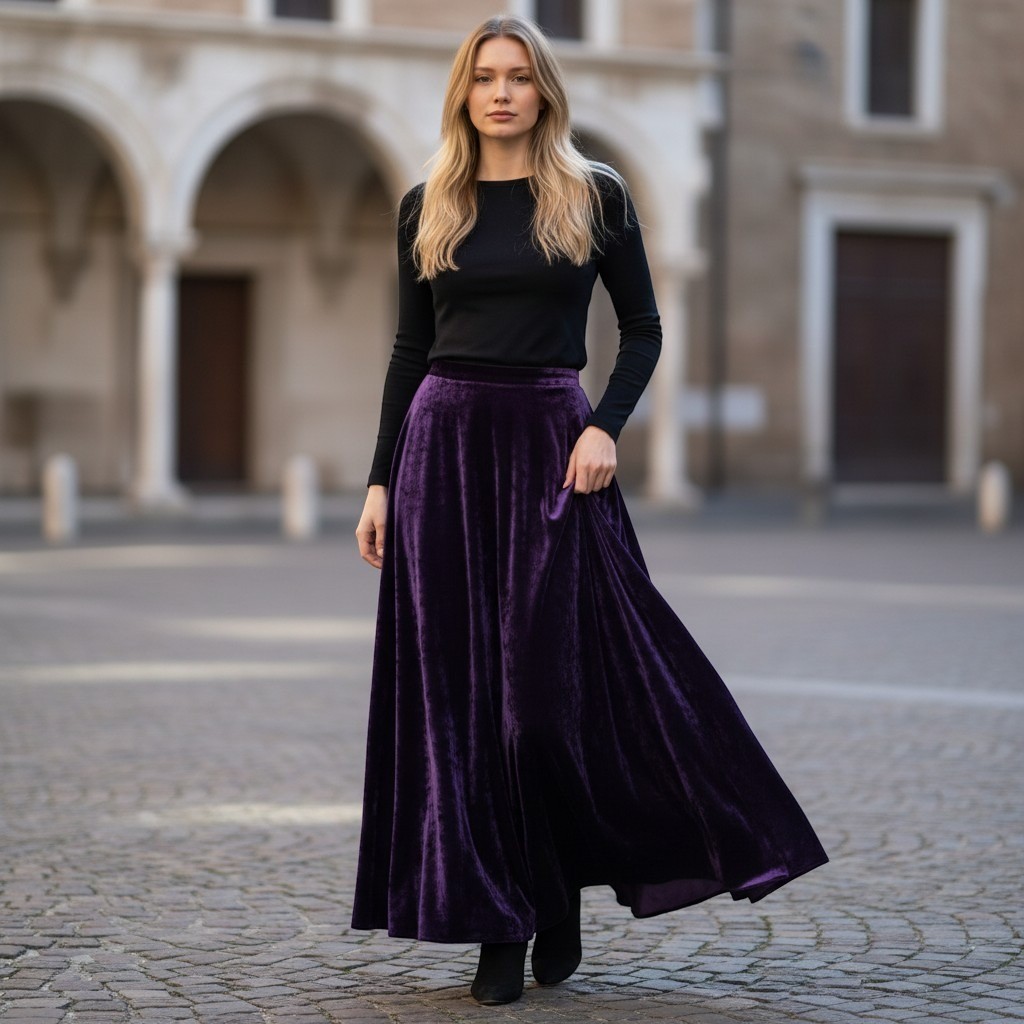 Velvet Maxi Skirt Women Size 25″ Waist Purple Vintage Long Full Goth