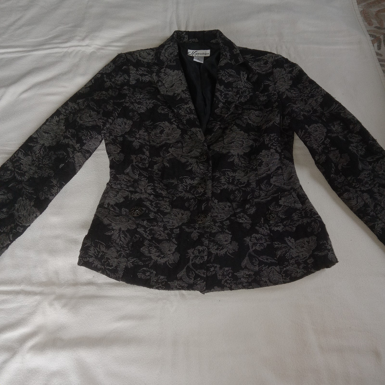 VTG Dress Barn Blazer Black Silver Floral Brocade Jacquard Sz 6 Filigree Buttons