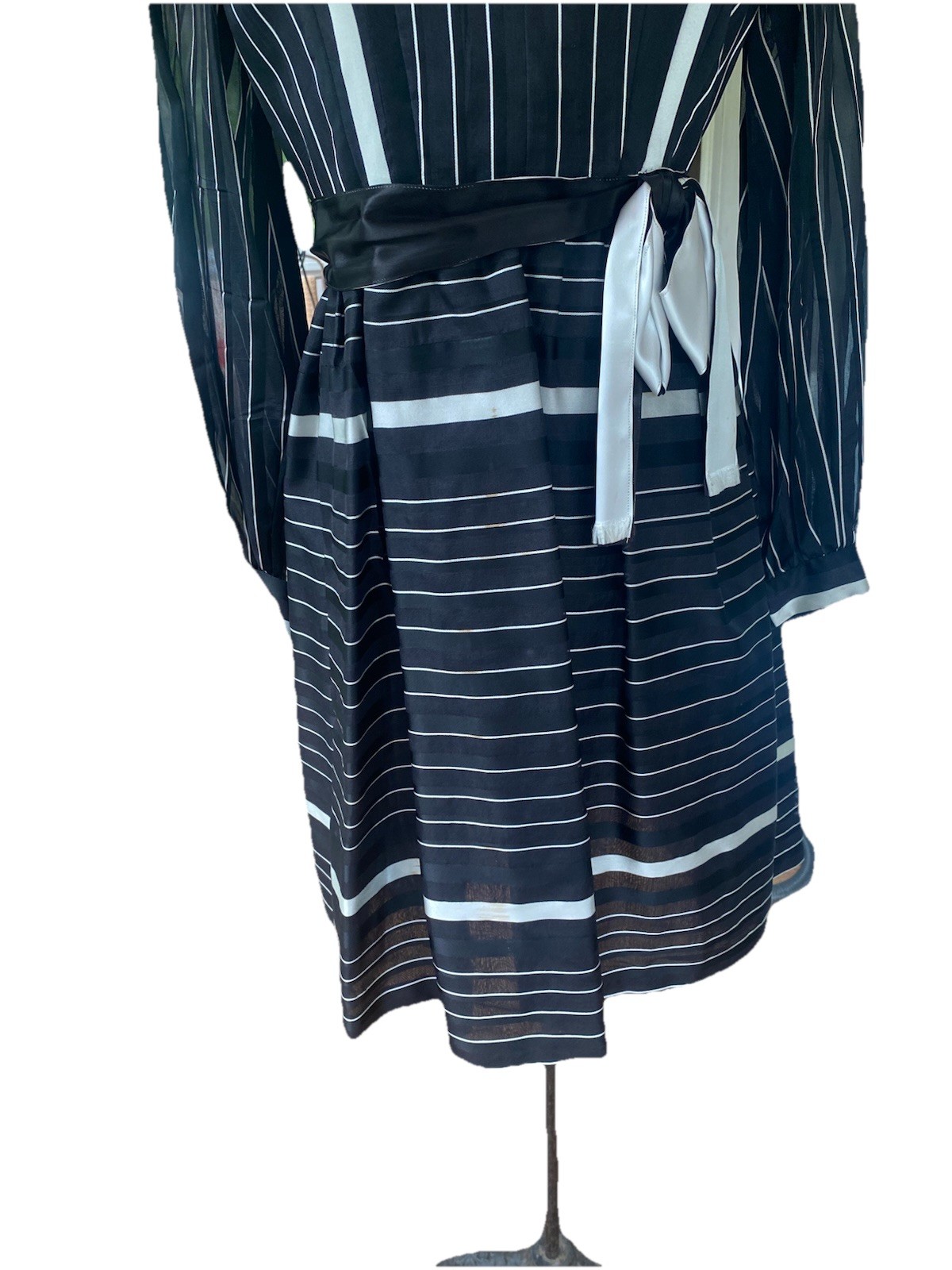 Vintage Andrew Woods Shirt Dress Silk 1960s Belted Black White 60s