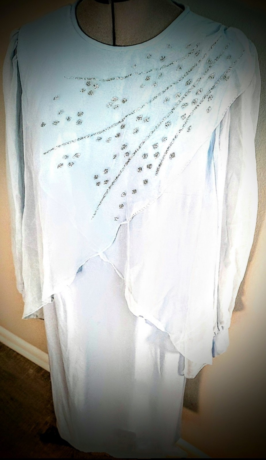 Vintage Gilberti Baby Blue Shift Dress Silver Glitter Pattern Size Large