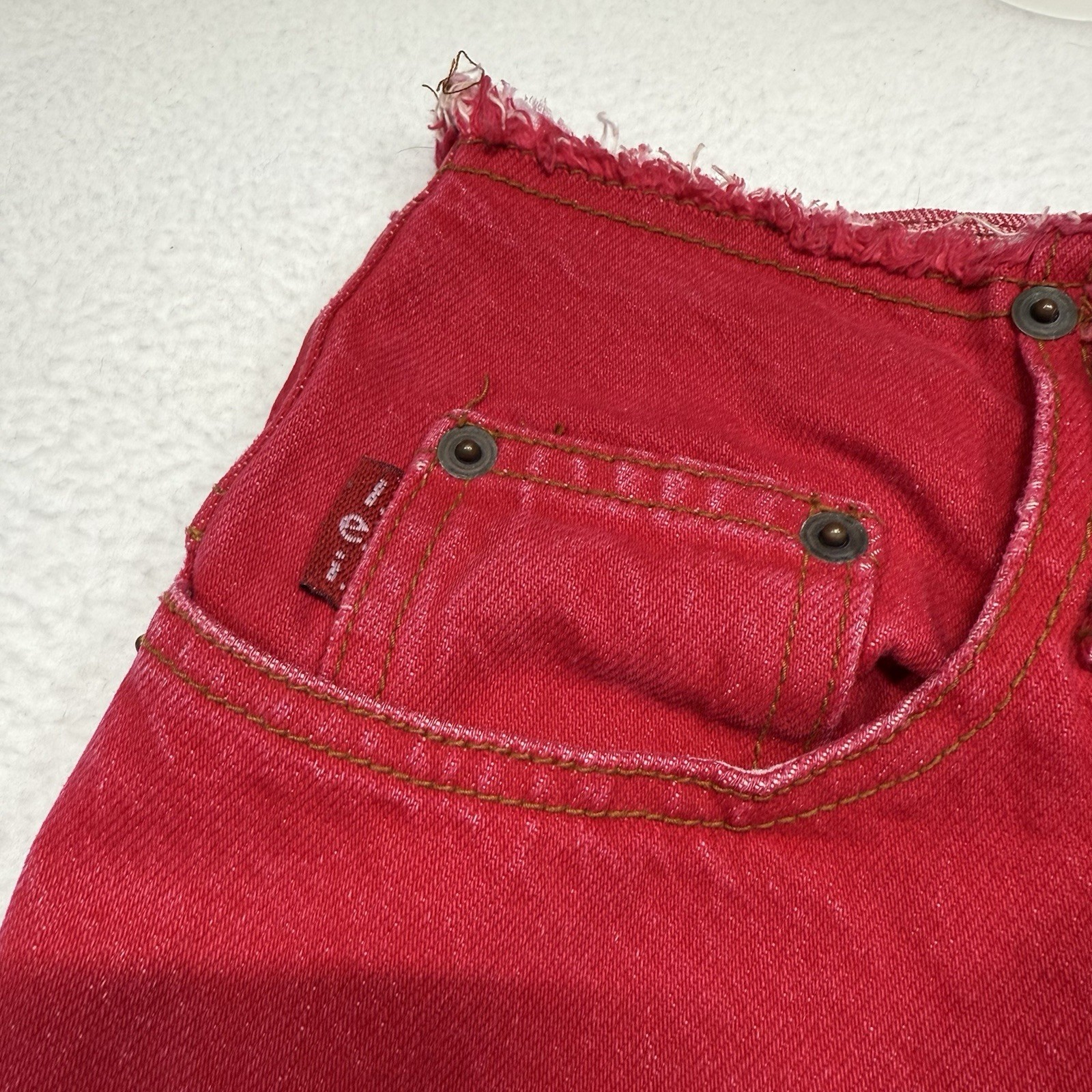 LEI Woman’s Jeans Red Skater Raw Waist Edge Size 9 Vintage Made In USA 30×28