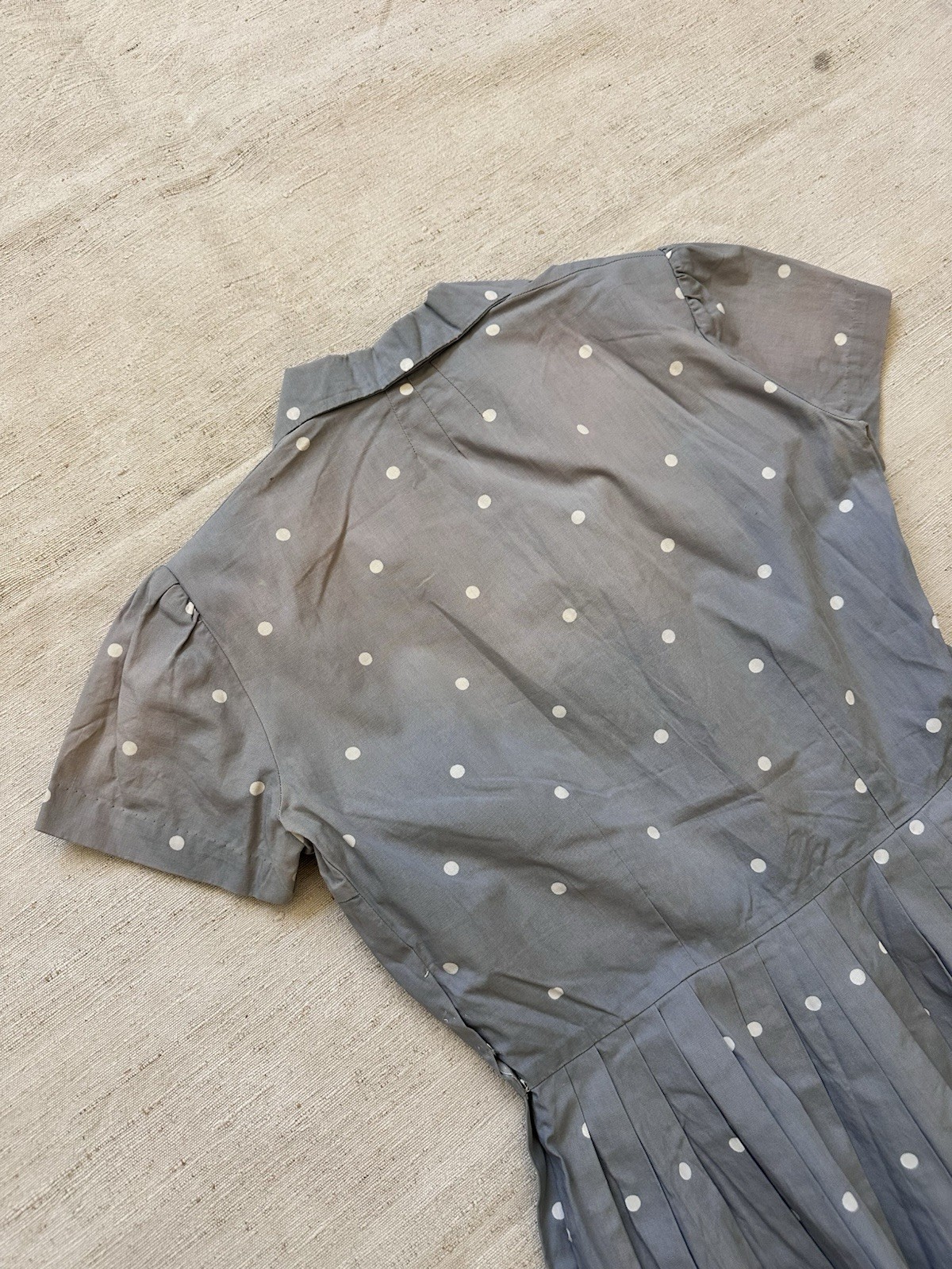 1950s Vintage Handmade French Cotton Farm Chore Dress Polkadot Grey Faded Small