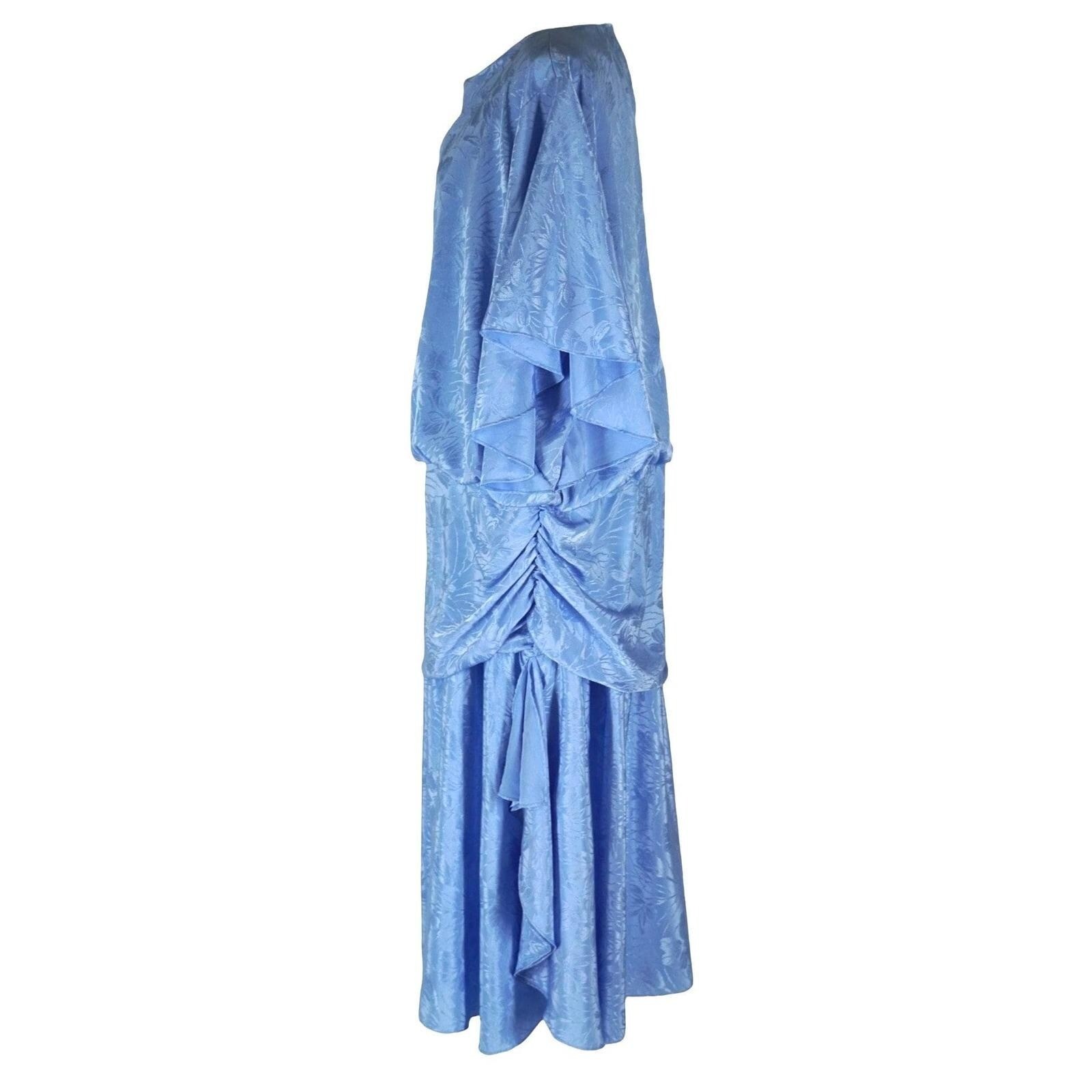 Charlee Allison Maxi Dress Women 24 Blue Vintage Floral Jacquard Drop Waist Cape