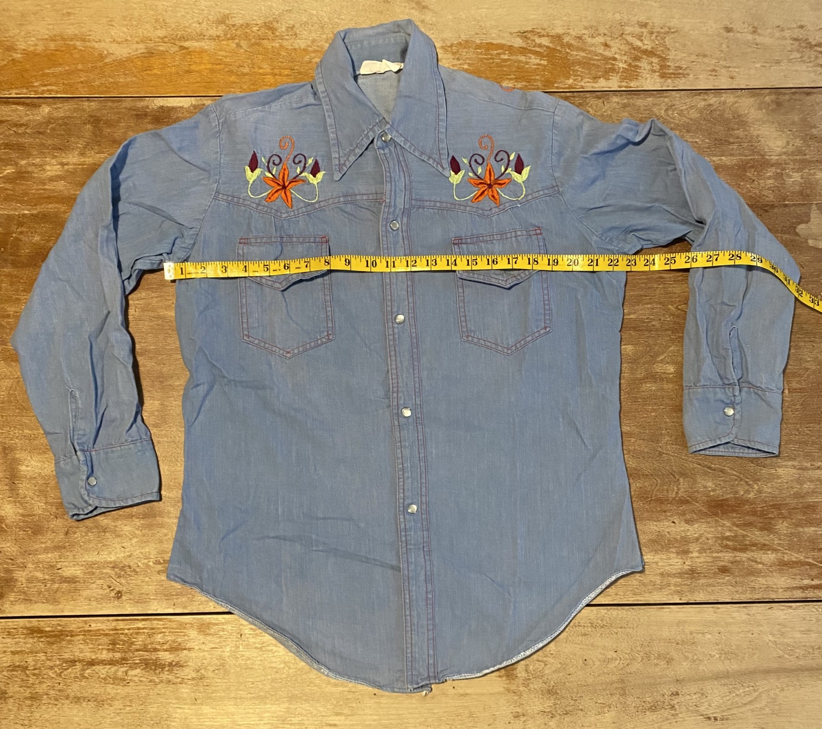 Vintage denim pearl snap button up with embroidery