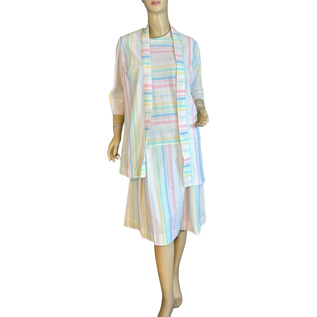 VINTAGE CIRCA 1970’S WHITE W/PASTEL STRIPES DROP WAIST DRESS SET SZ APPX MED