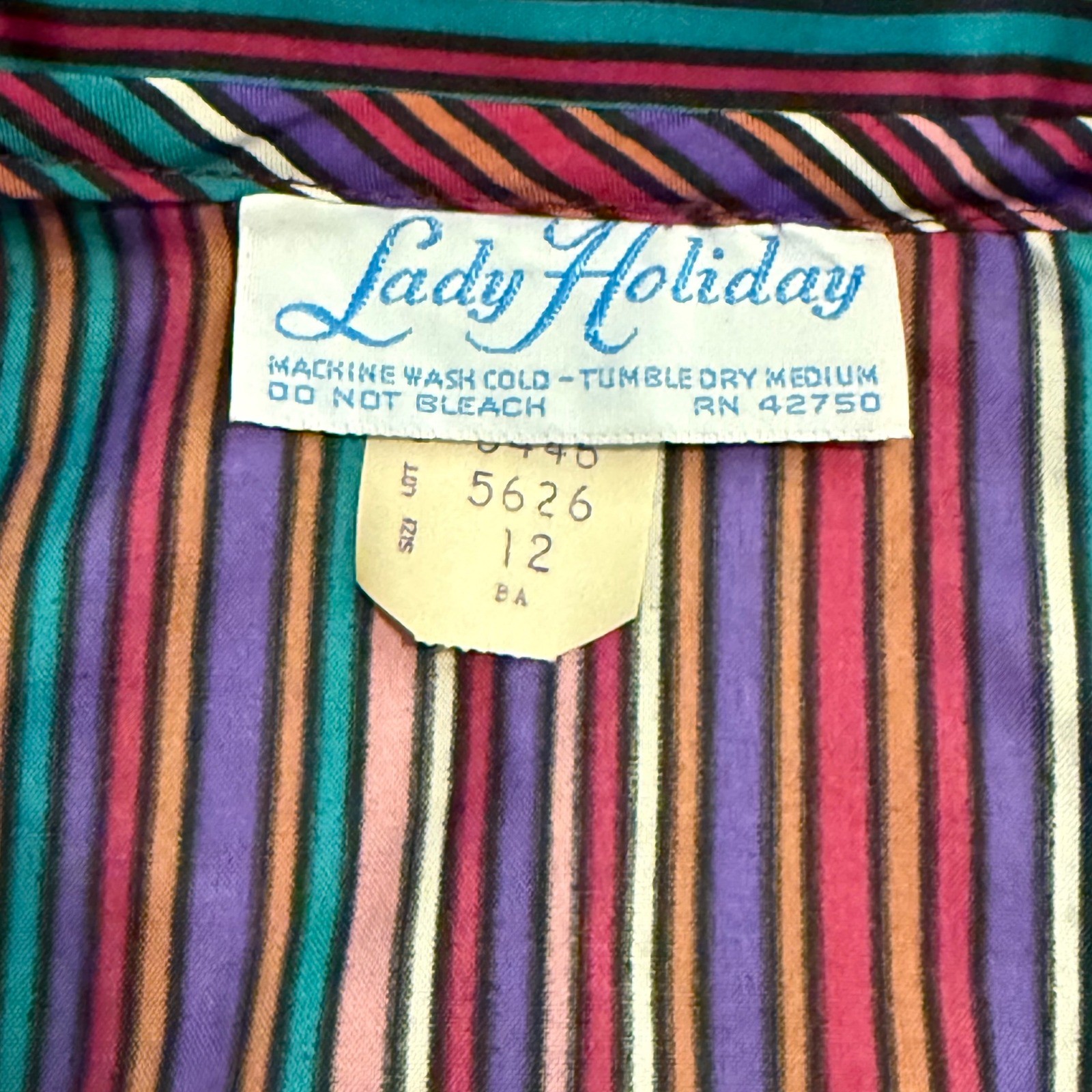 Vintage Lady Holiday Striped Button Up Blouse Multi Color Long Sleeve Size 12