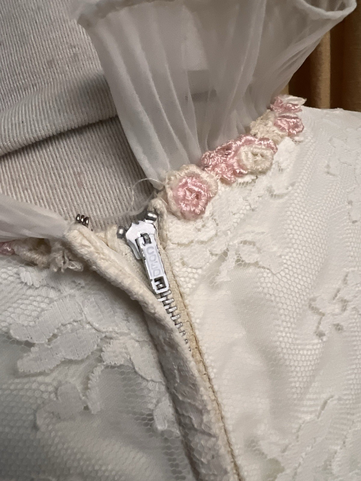 Vintage 1960s Empire Waist Lace Wedding Dress With Rose Appliqué And Ruffles
