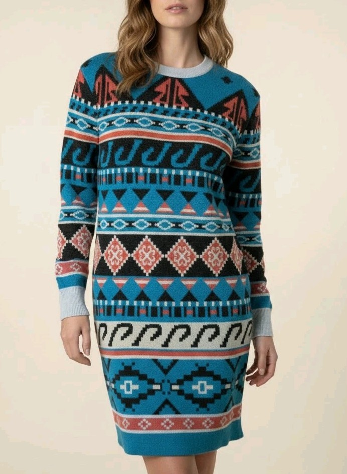 VTG Givy BGibiu Made In Japan Aztec Southwestern Geometric Knit Sweater Dress