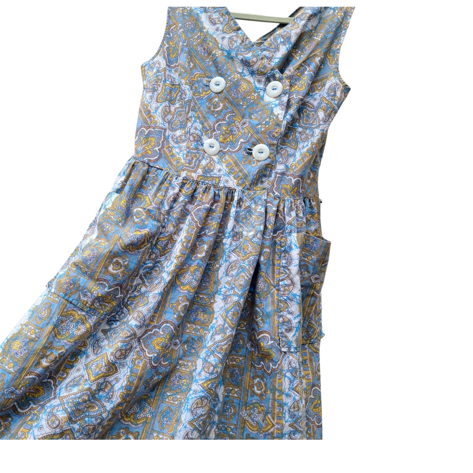 Vintage 1950s 50s Dress Paisley Cotton Summer Sleeveless 1960s 60s Pockets Day