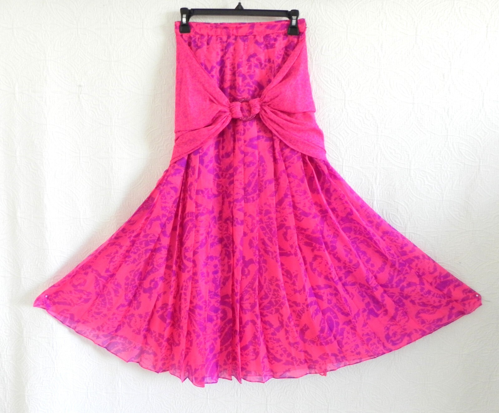 Carolyne Roehm 2 PC Silk Chiffon Tunic Top/Maxi Skirt Neon Fuchsia/Purple Size S