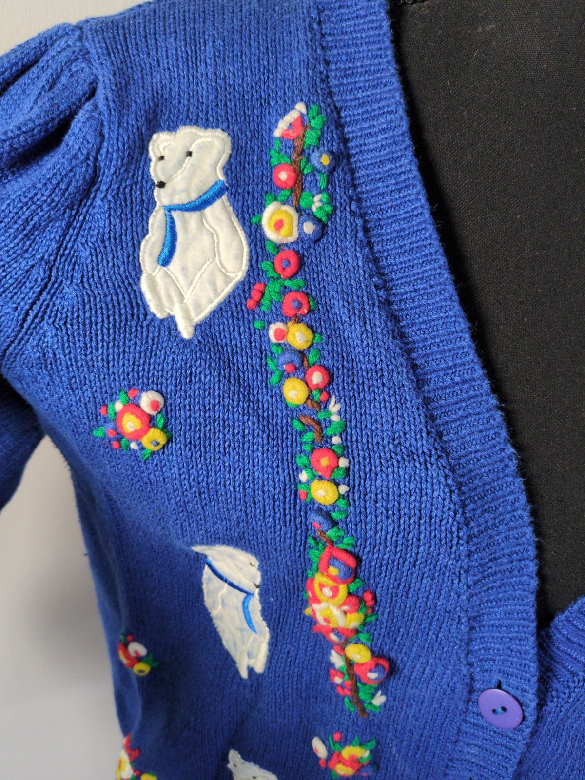 Vintage Margules Knit Cardigan Blue With Floral Embroidery, White Bears Women M
