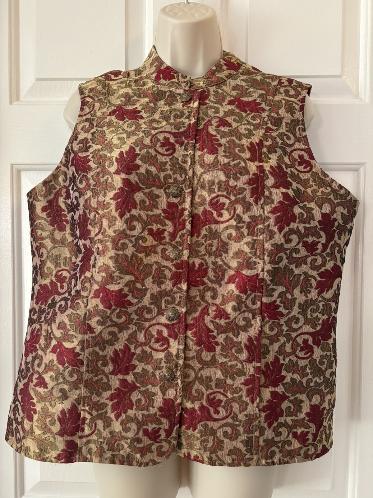 Vintage Serengeti Fall Vest Womens Med Red Green Metallic Lined Brass Buttons