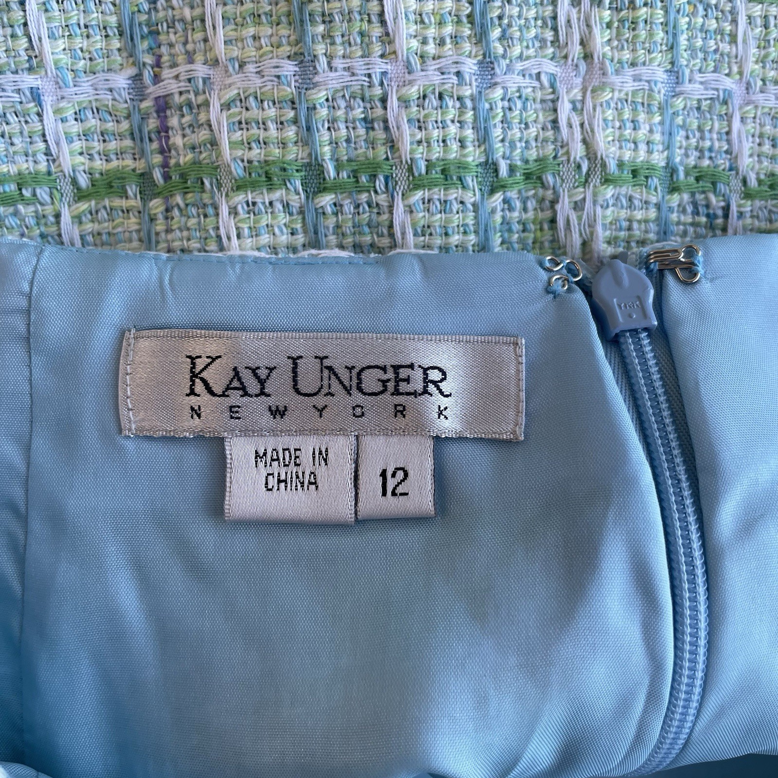 Kay Unger New York Tweed Jacket Skirt Suit | Fringe Trim | Pastel Green Sz 12