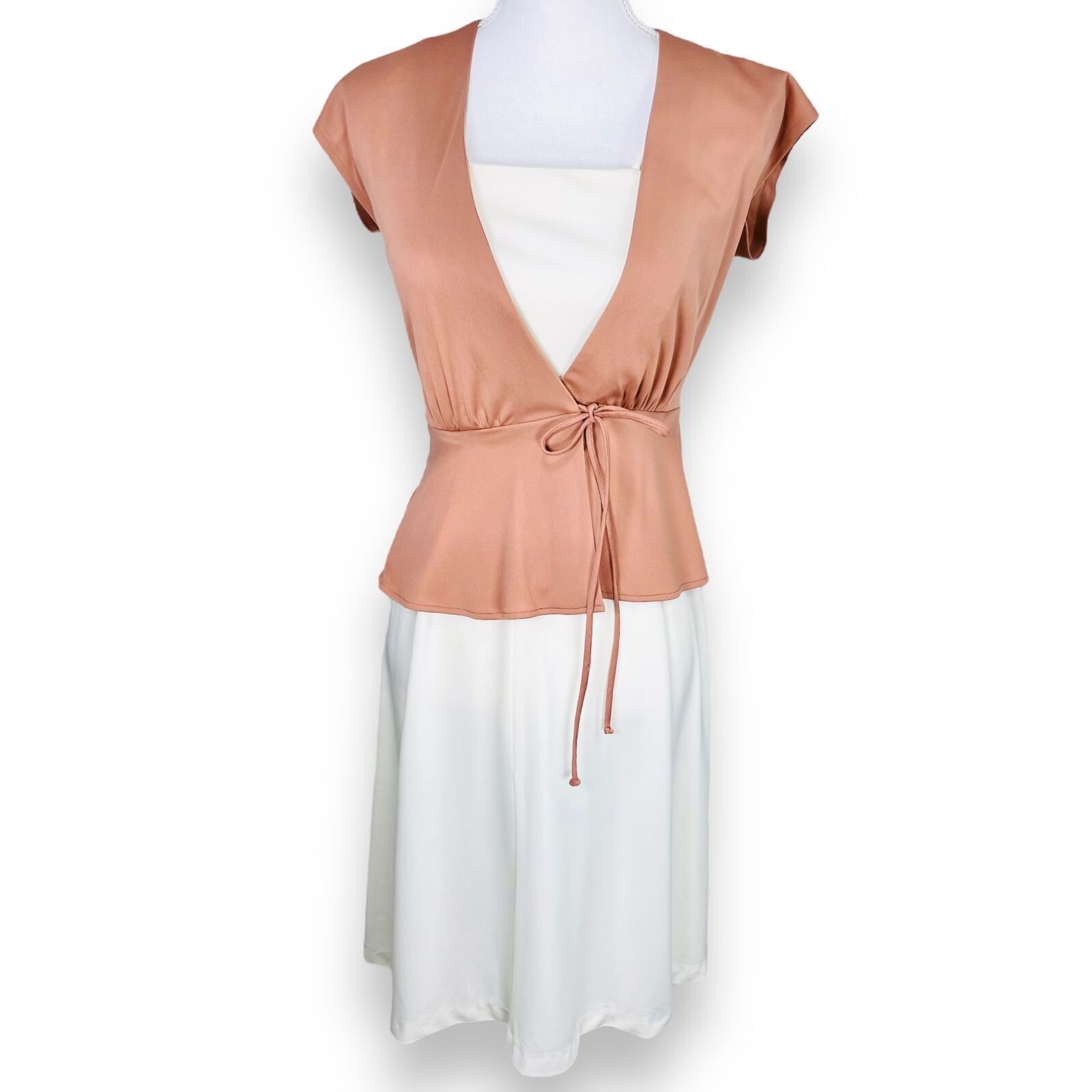 Vintage 70s 80s Womens Neutral Cream Brown Dress + Vest Matching Outfit Set XS