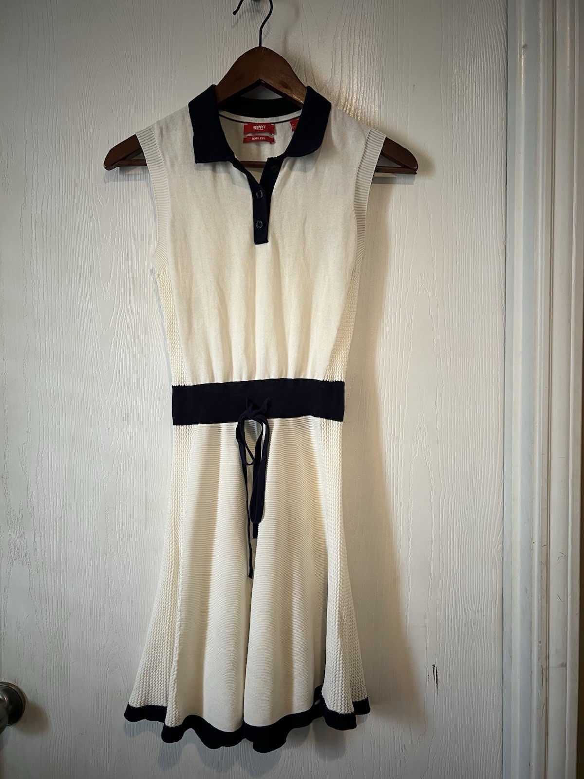 Vintage Esprit Cream & Navy Court Knit Sleeveless Tennis Boat Dress Sz Small