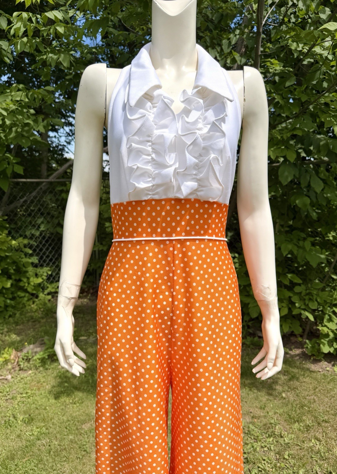 1960s 1970s BELL BOTTOM JUMPSUIT Vintage Romper Polka Dot Tuxedo Halter White